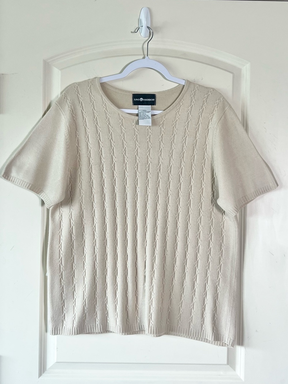 Vintage Sag Harbor Cable Knit Short Sleeve Sweater XL Beige Neutral Fall Top